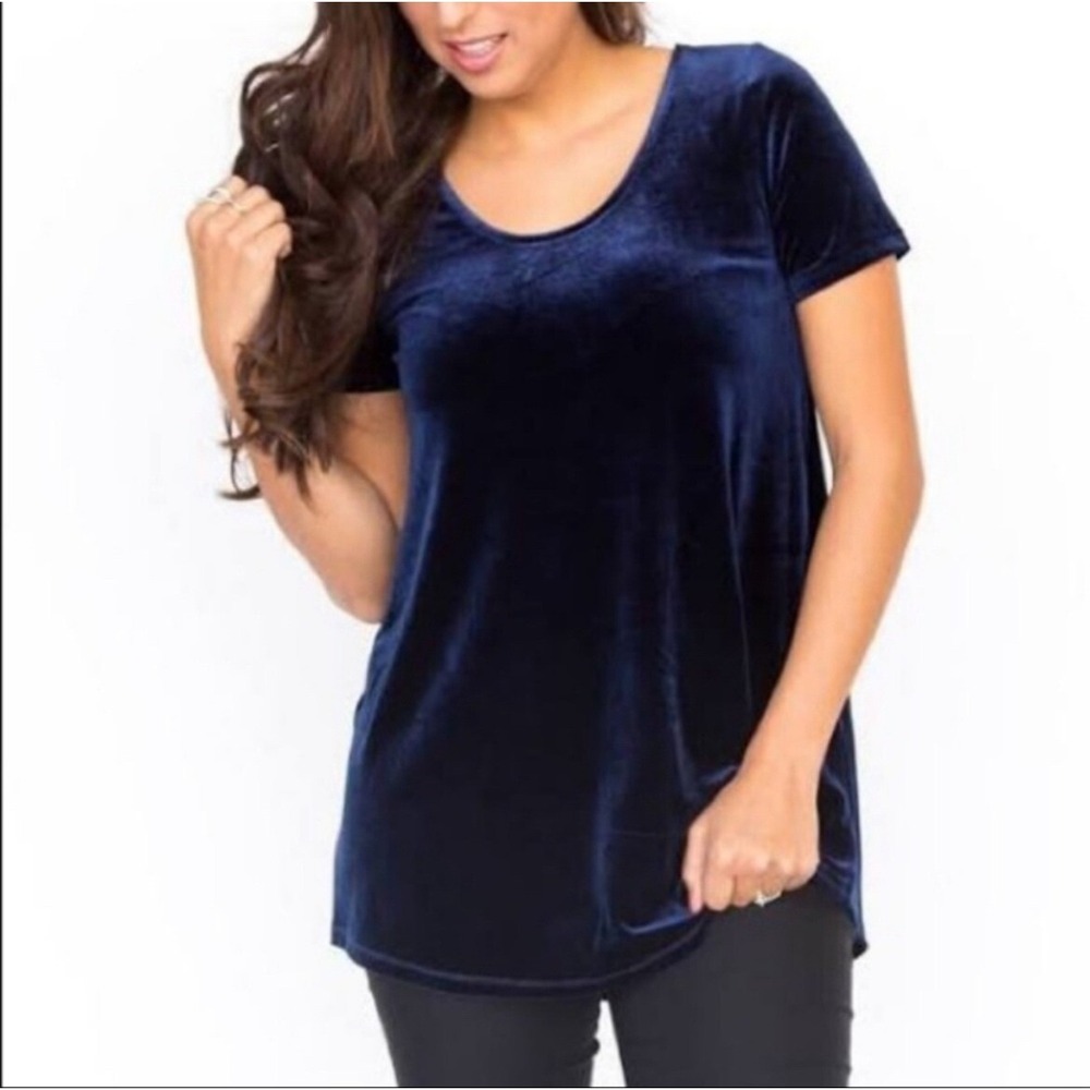 Agnes & Dora Velvet Top‎ Short Sleeve Scoop Neck Casual Blouse Blue Size Large